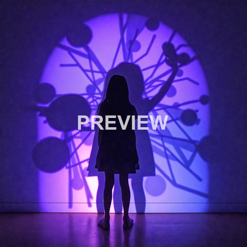 A silhouette of a person standing in front of a wall with an illuminated, abstract purple and blue shadow projection resembling a Ferris wheel or circular structure.